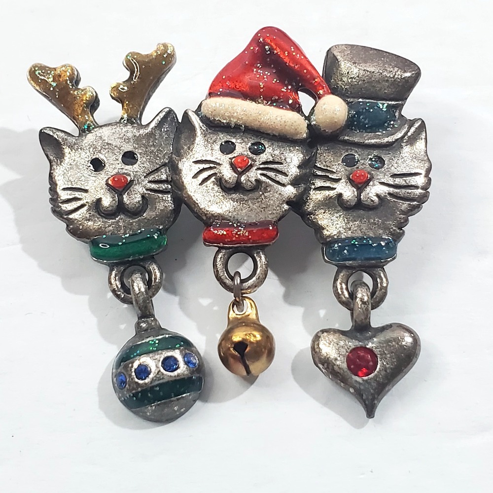 Vtg AJMC Pewter Tone Red Green Enamel Dangle Charms Christmas Cats Brooch Pin